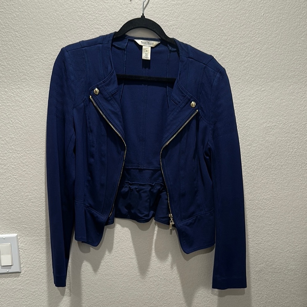 White House Black Market Blue Blazer with Asymmetrical Zipper and Peplum Hem